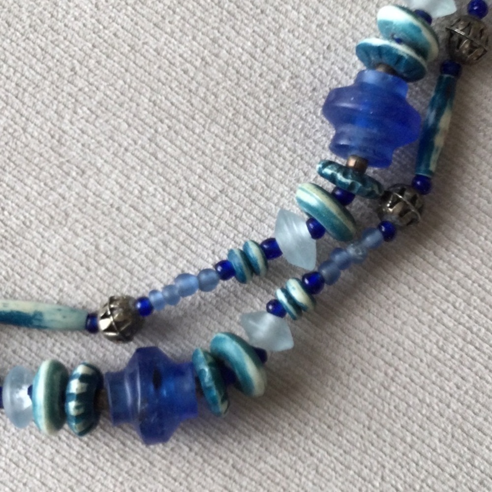 Blue glass chain link belt with silver chain